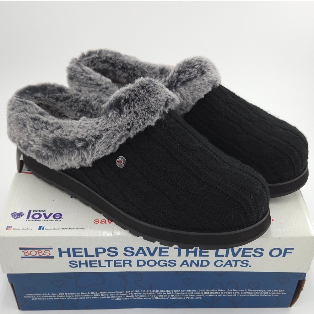 Skechers BOBS Keepsakes Ice Angel Slippers Women 9 Black Cable Knit Faux Fur NEW